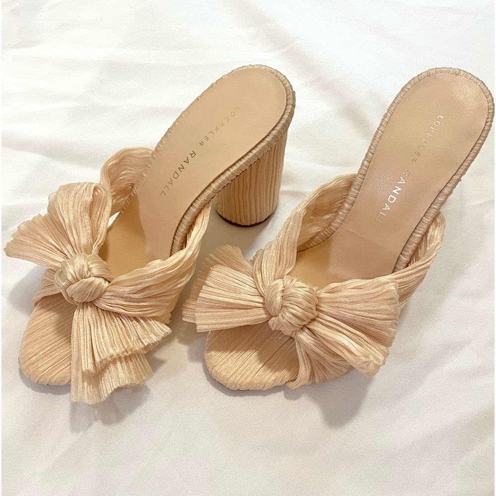Loeffler Randall Penny Bow Nude Sandals Heels Tan Heel Pleated Tie Formal Shoe